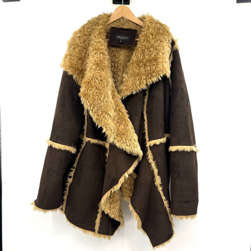 Donna Salyers Fabulous Furs Faux Suede Shearling Coat Brown Draped Collar 2X